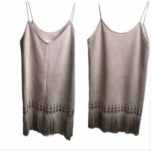 Palette Micro Suede Fringe Cut Out Mini Spaghetti Strap Cha Cha Mauve Dress M
